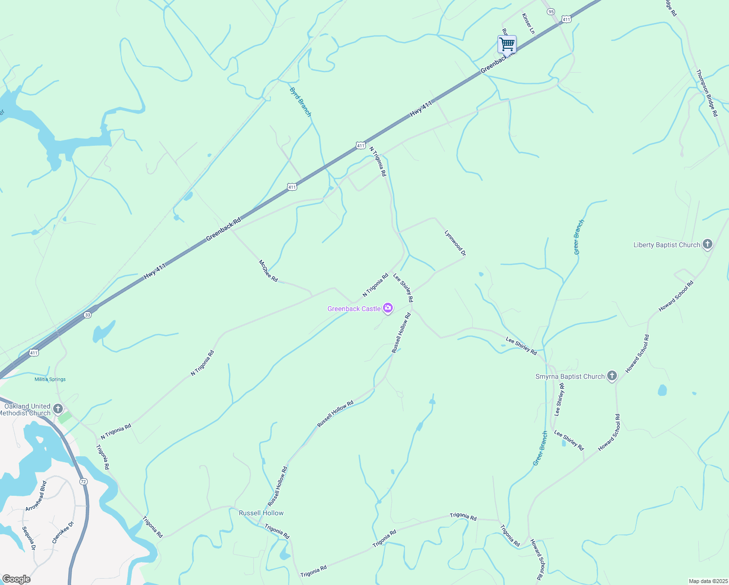 map of restaurants, bars, coffee shops, grocery stores, and more near 3404 North Trigonia Road in Greenback