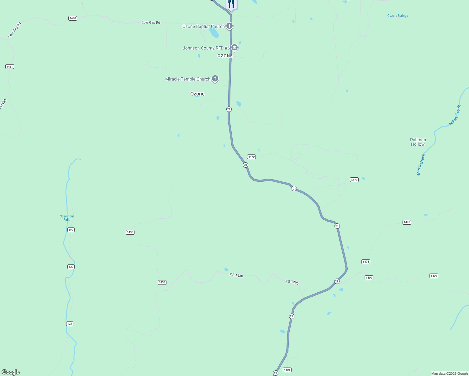 map of restaurants, bars, coffee shops, grocery stores, and more near 13078 Arkansas 21 in Johnson County