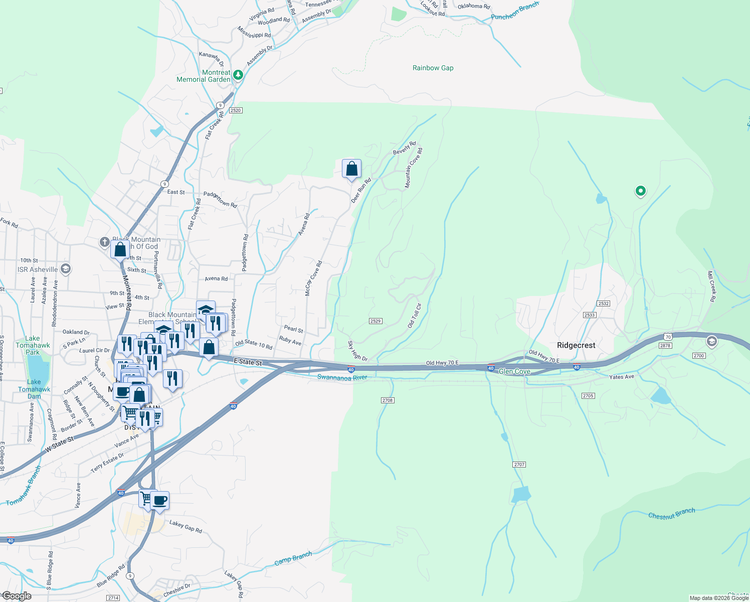 map of restaurants, bars, coffee shops, grocery stores, and more near 30 Sessler Road in Black Mountain