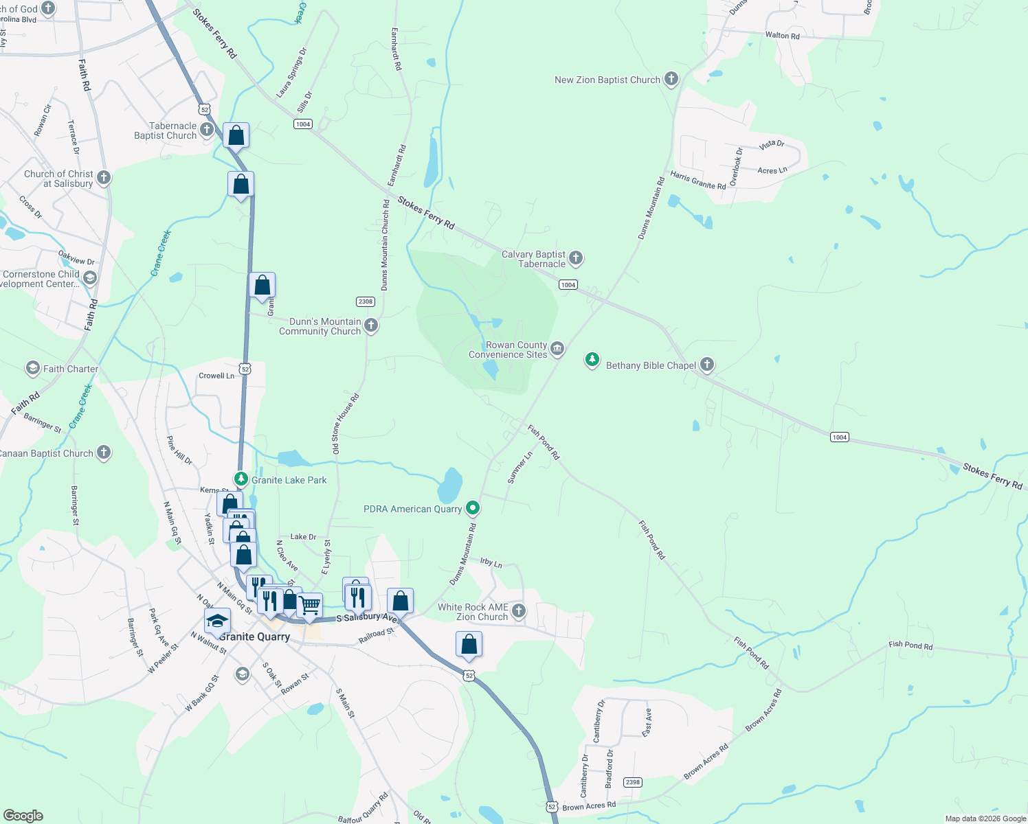 map of restaurants, bars, coffee shops, grocery stores, and more near 1415 Dunns Mountain Rd in Salisbury