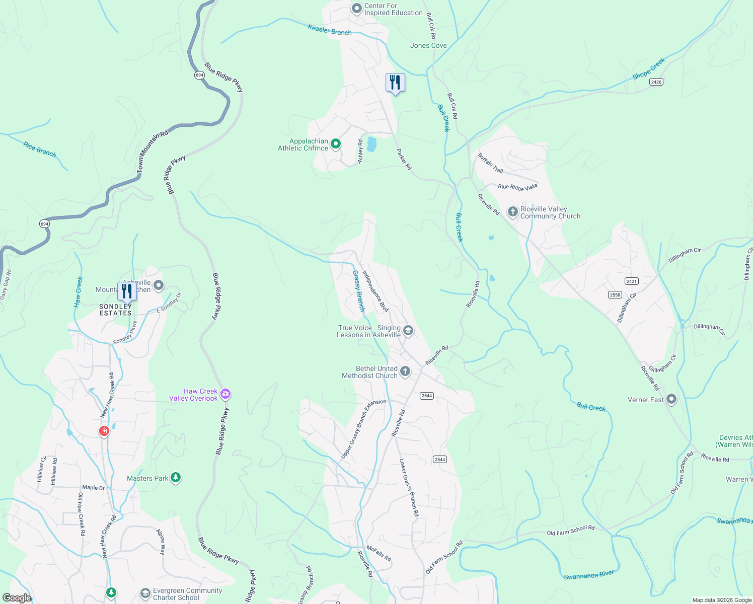 map of restaurants, bars, coffee shops, grocery stores, and more near 16 Frontier Court in Asheville