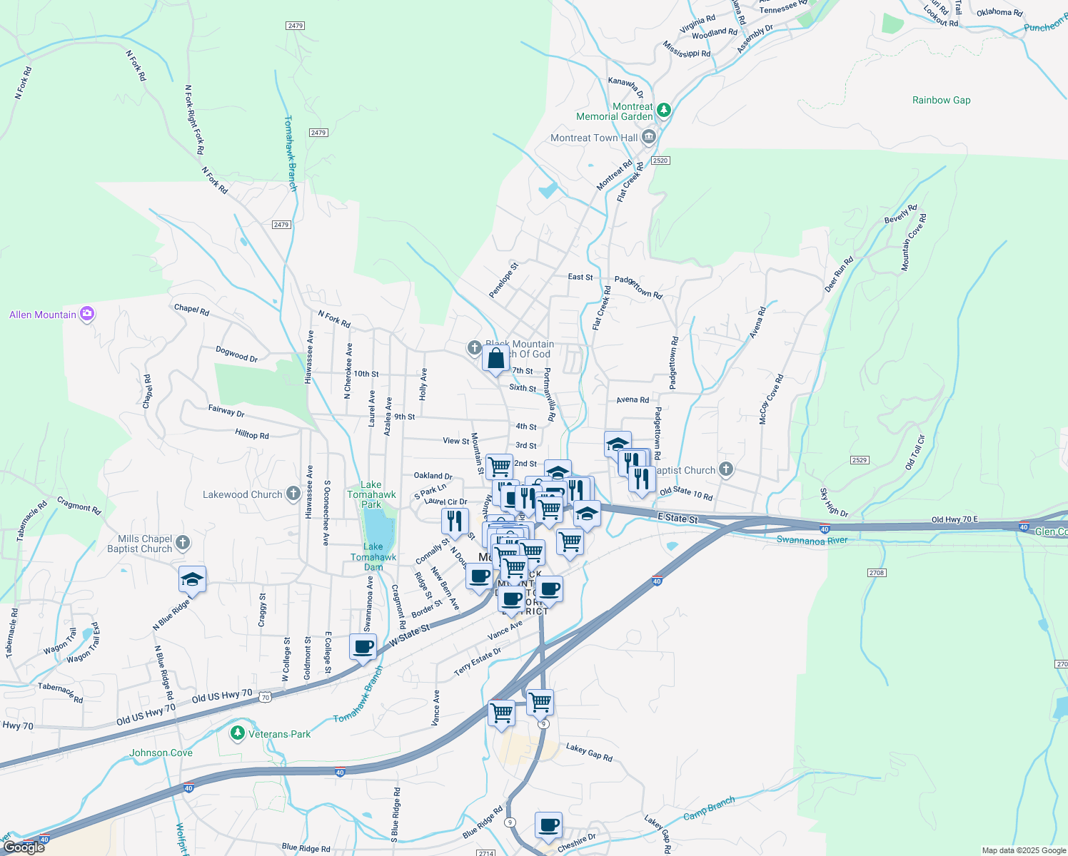 map of restaurants, bars, coffee shops, grocery stores, and more near 108 4th St in Black Mountain