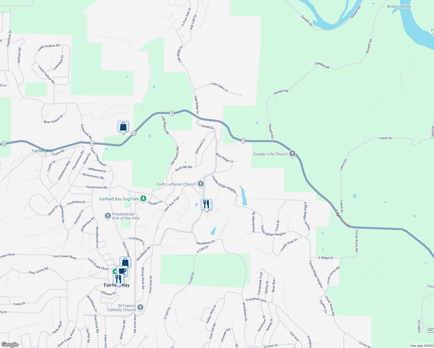 map of restaurants, bars, coffee shops, grocery stores, and more near 102 Whistling Pines Lane in Fairfield Bay