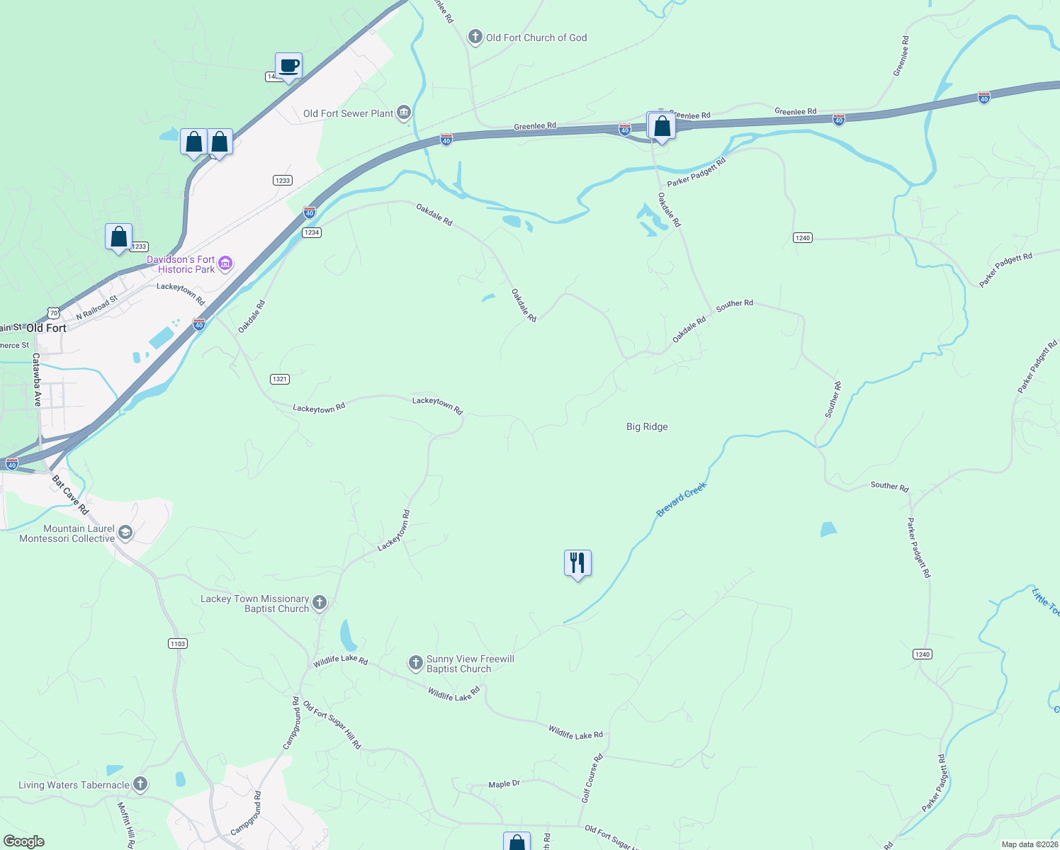 map of restaurants, bars, coffee shops, grocery stores, and more near 205 Falling Waters Drive in Old Fort