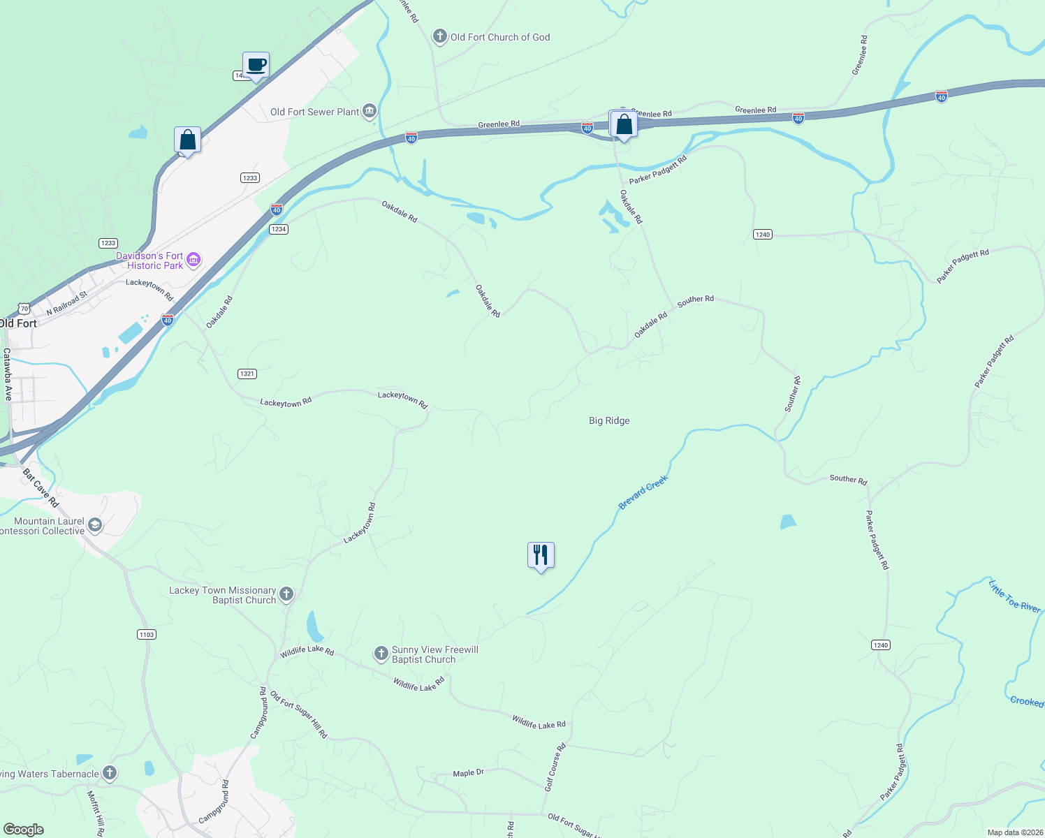 map of restaurants, bars, coffee shops, grocery stores, and more near 205 Falling Waters Drive in Old Fort