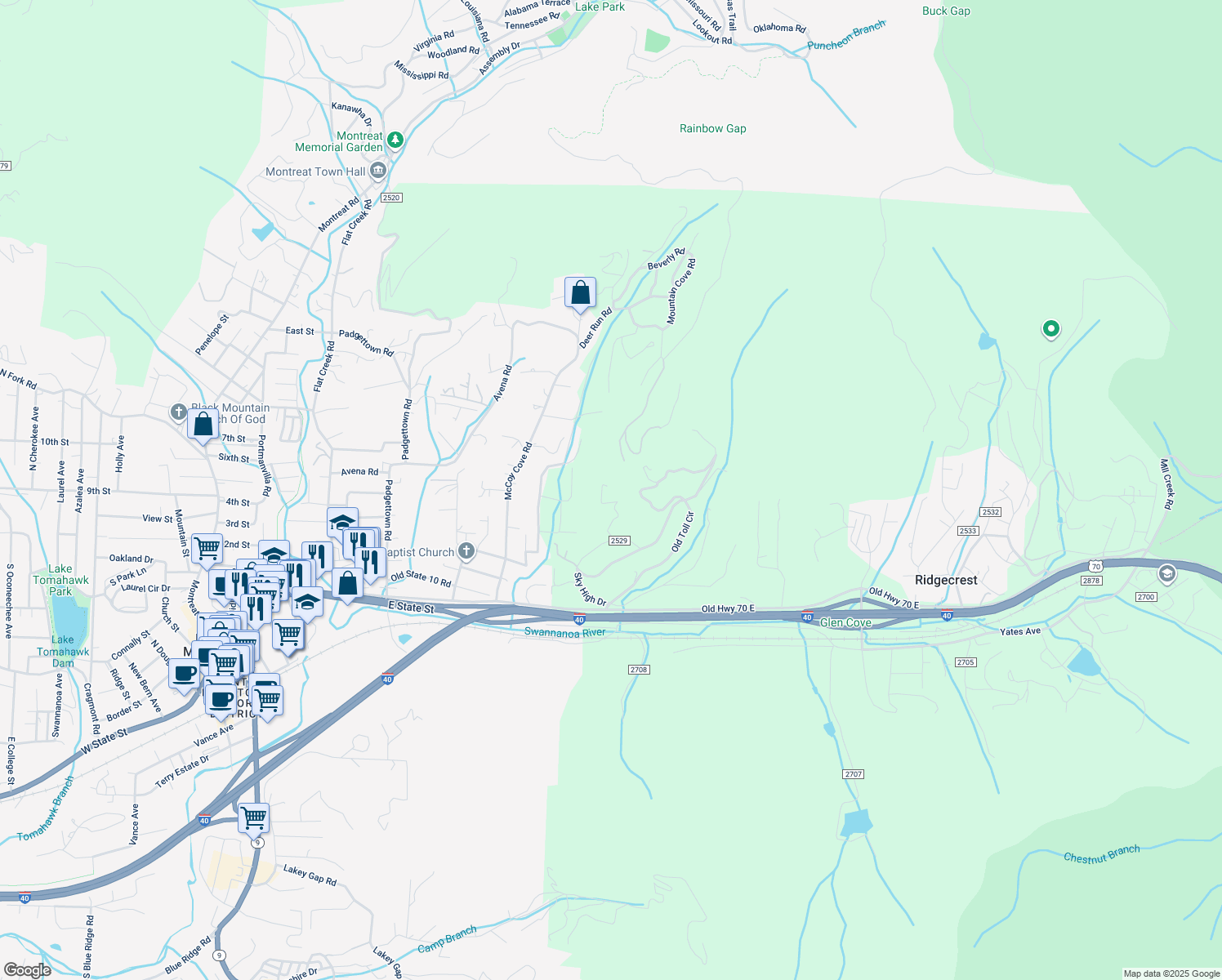 map of restaurants, bars, coffee shops, grocery stores, and more near 49 Sesslar Road in Black Mountain