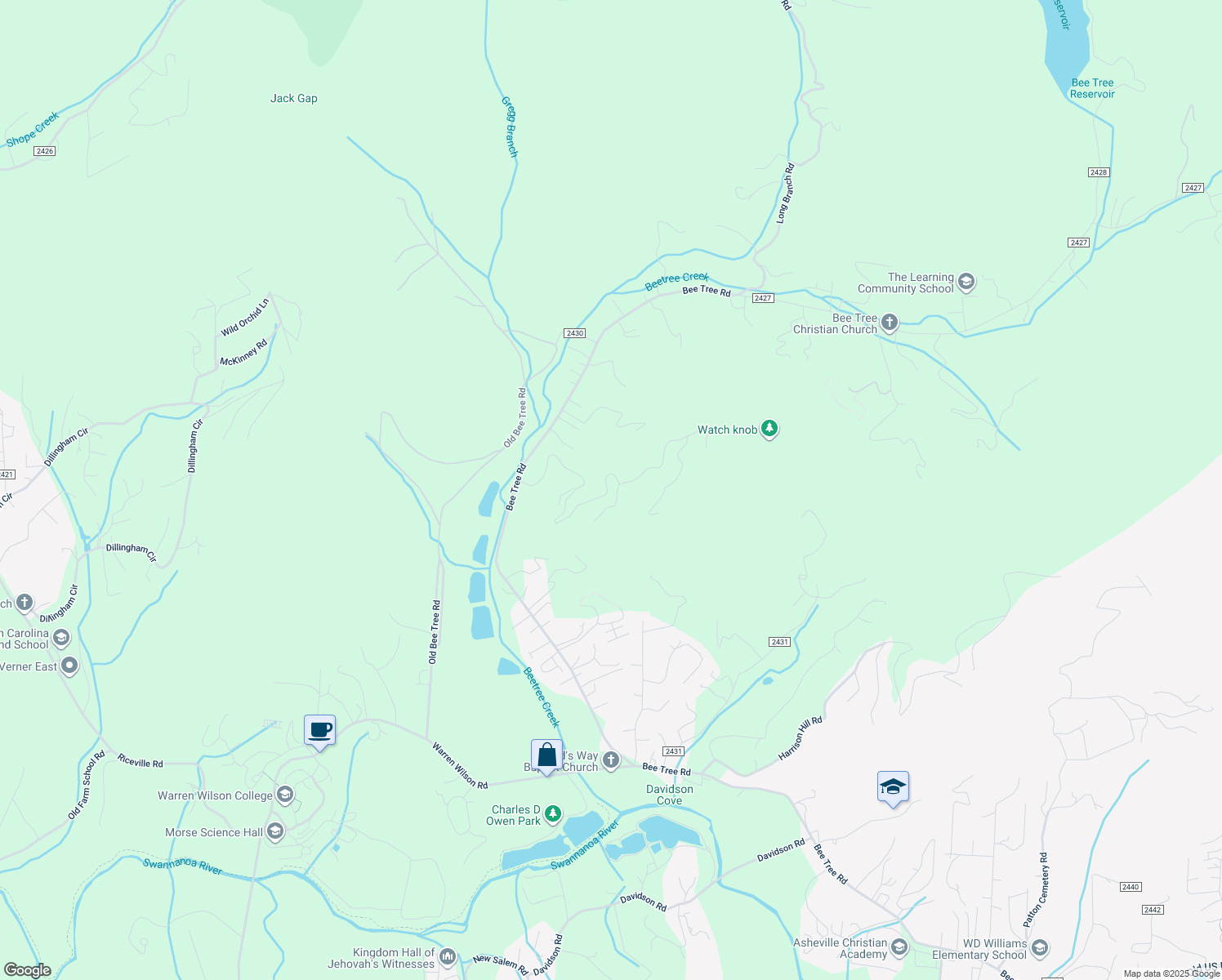 map of restaurants, bars, coffee shops, grocery stores, and more near Smokey Mountain Drive in Swannanoa