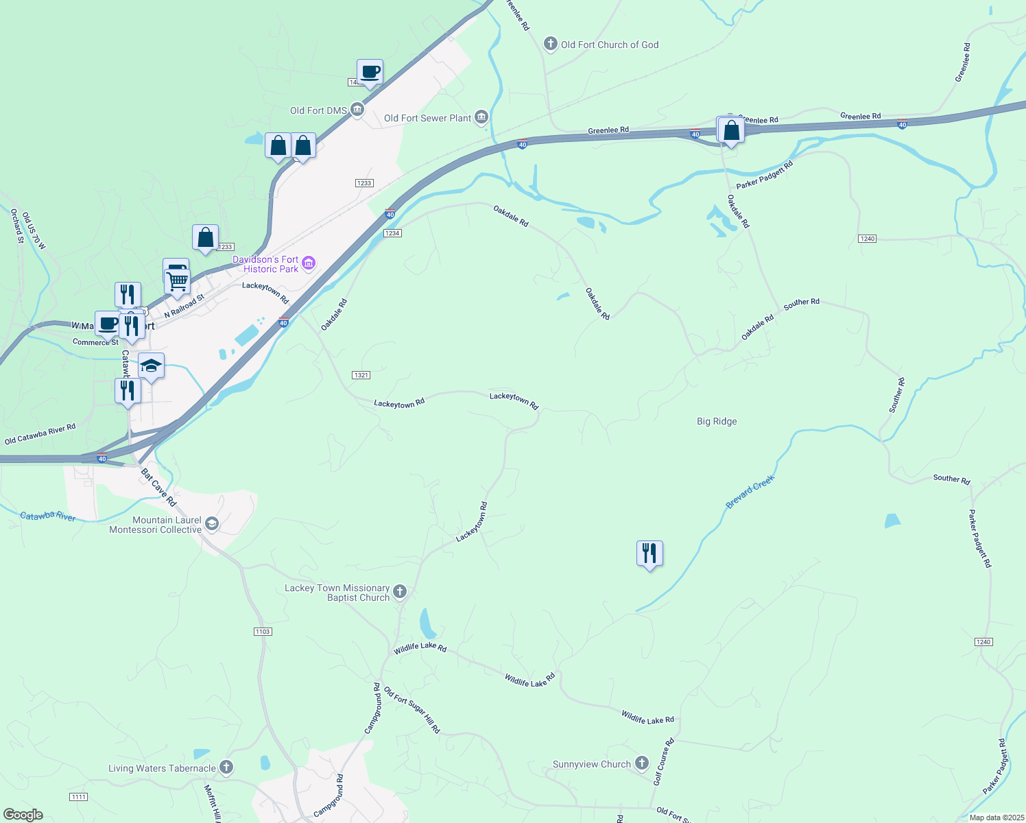 map of restaurants, bars, coffee shops, grocery stores, and more near 1286 Lackeytown Road in Old Fort