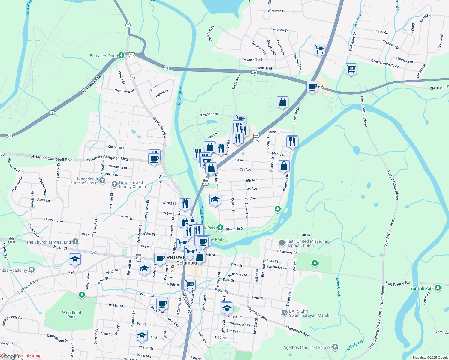 map of restaurants, bars, coffee shops, grocery stores, and more near 109 6th Avenue in Columbia