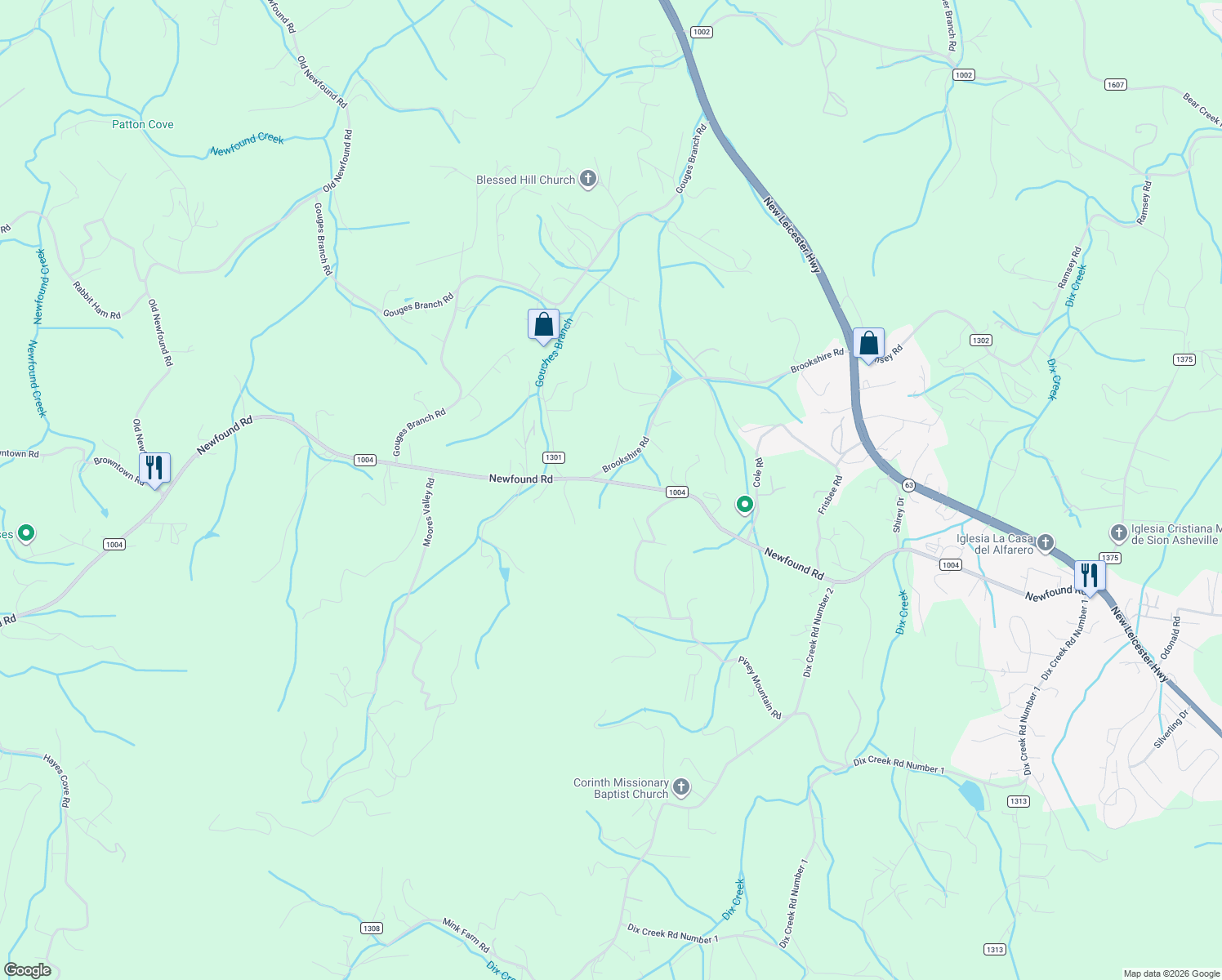 map of restaurants, bars, coffee shops, grocery stores, and more near 336 Newfound Road in Leicester
