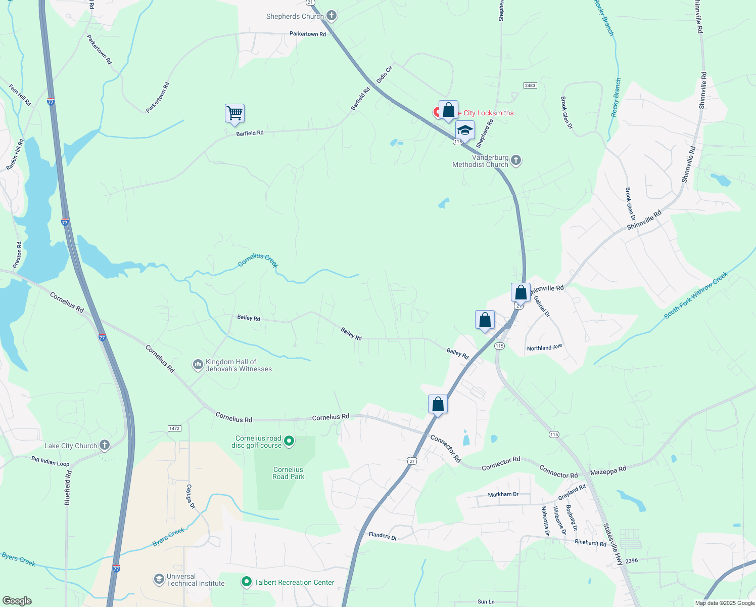 map of restaurants, bars, coffee shops, grocery stores, and more near 144 Toucan Road in Mooresville