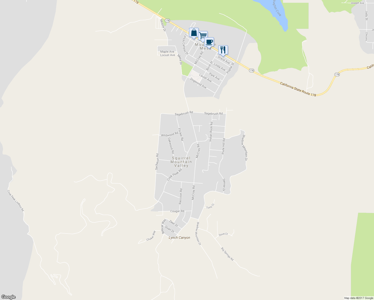 map of restaurants, bars, coffee shops, grocery stores, and more near 3601 Cook Peak Road in Lake Isabella