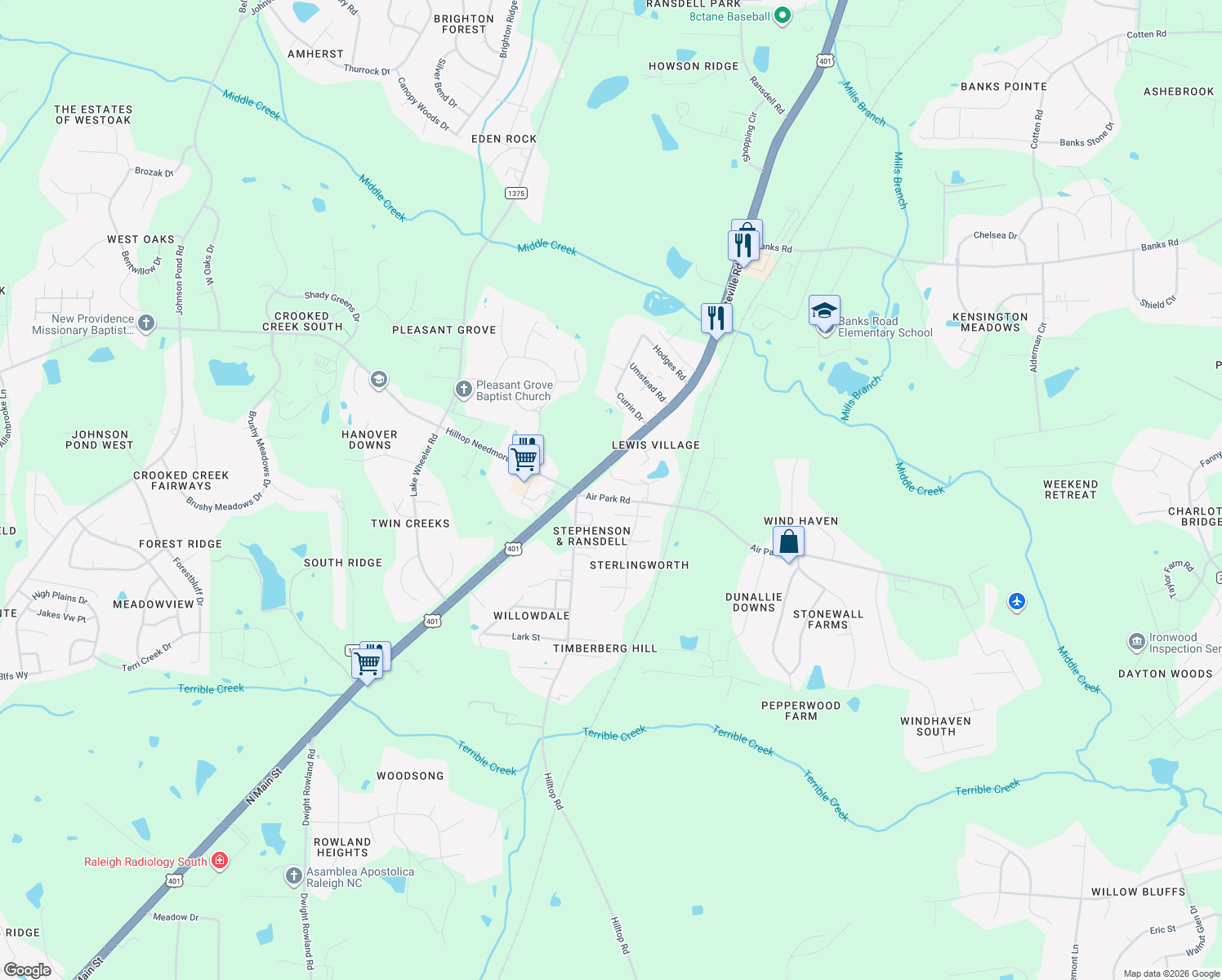 map of restaurants, bars, coffee shops, grocery stores, and more near 3804 Air Park Road in Fuquay Varina