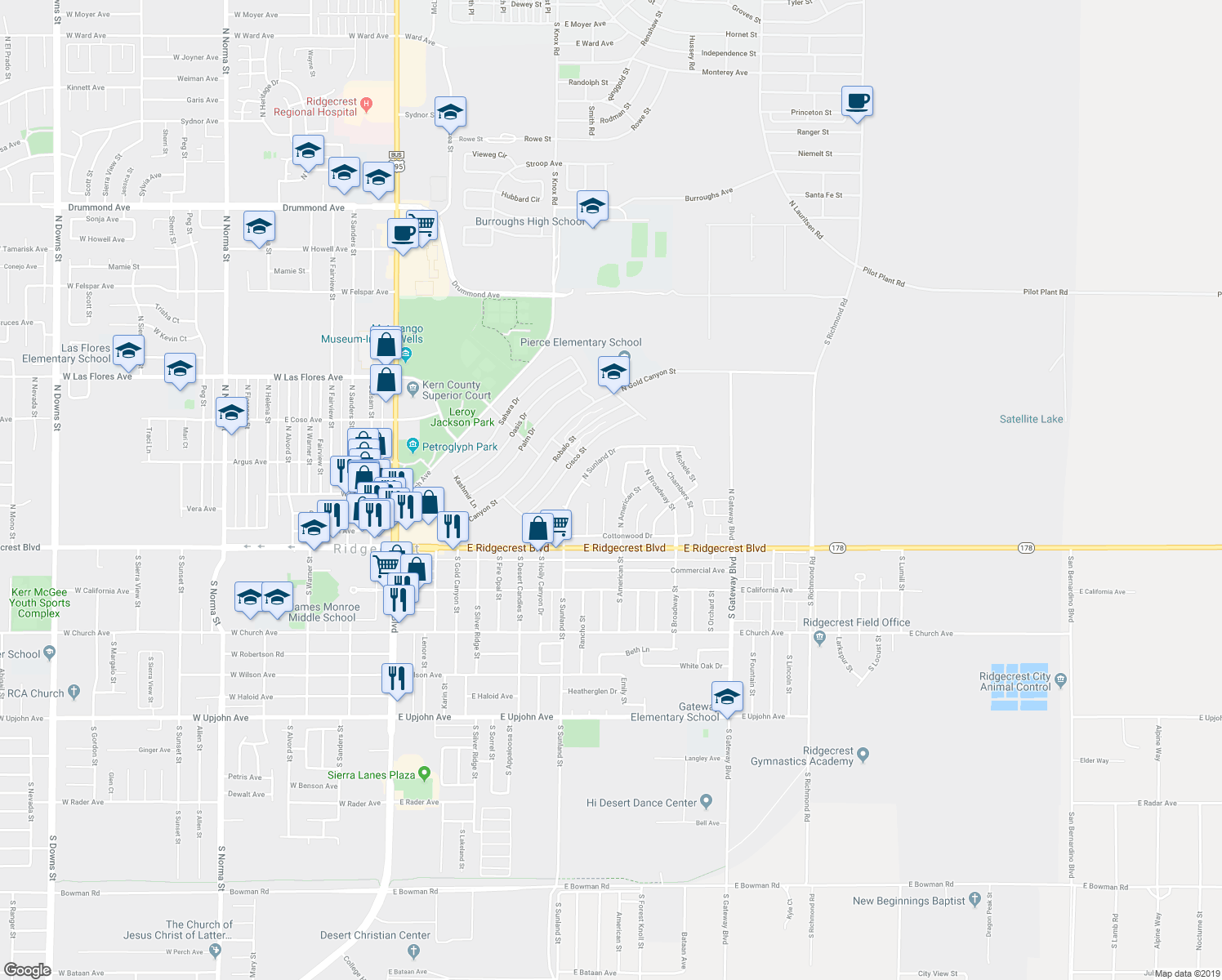 map of restaurants, bars, coffee shops, grocery stores, and more near 212 Apache Lane in Ridgecrest