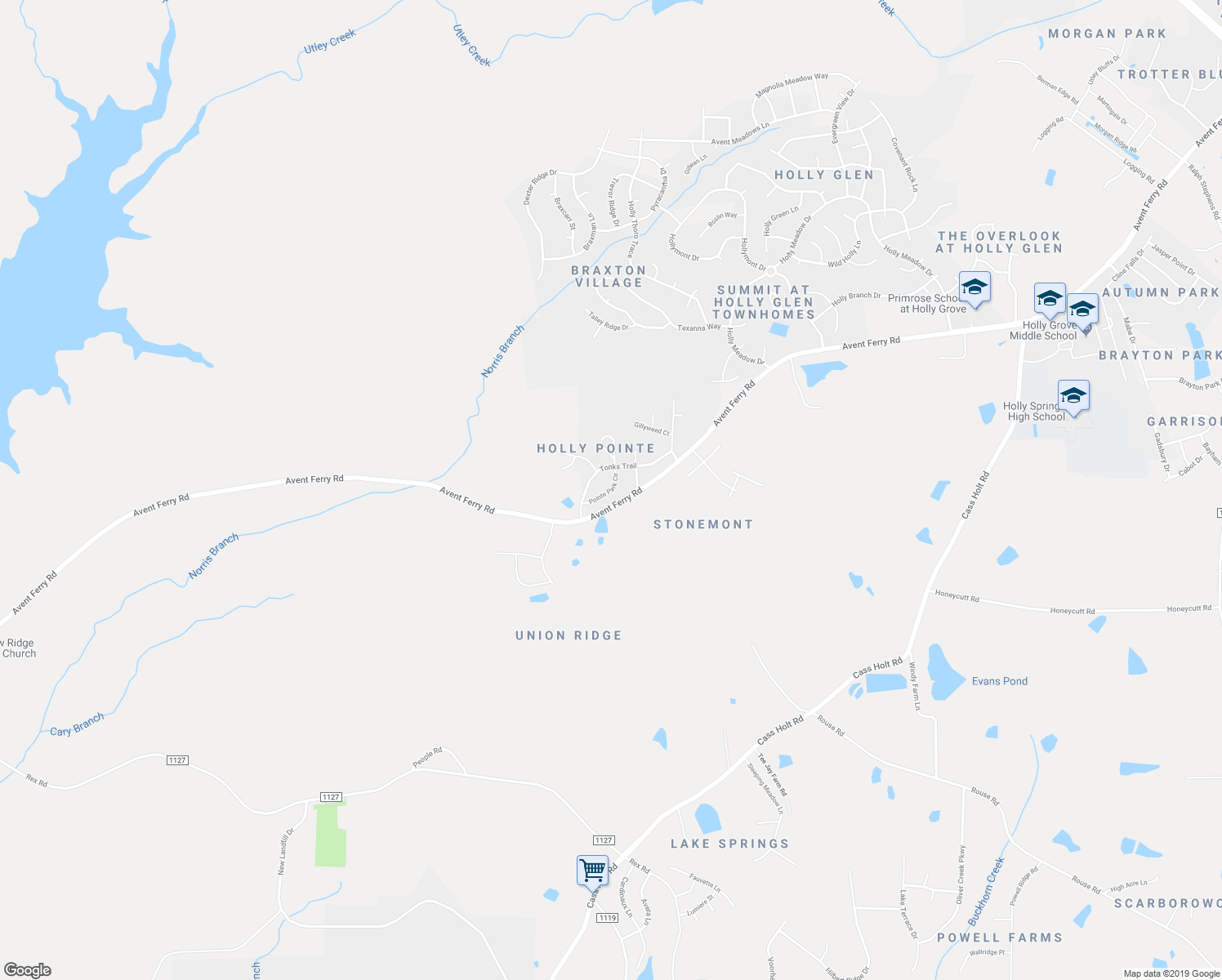 map of restaurants, bars, coffee shops, grocery stores, and more near 225 Pointe Park Circle in Holly Springs