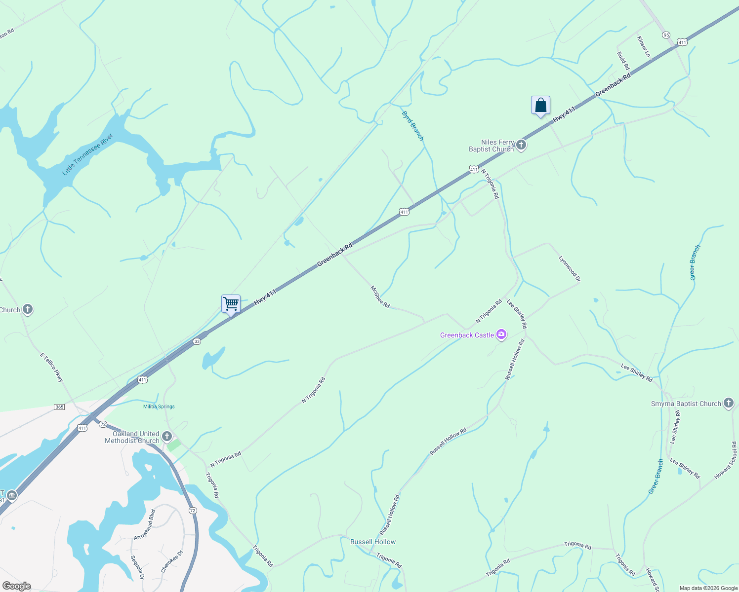 map of restaurants, bars, coffee shops, grocery stores, and more near 860 McGhee Road in Greenback