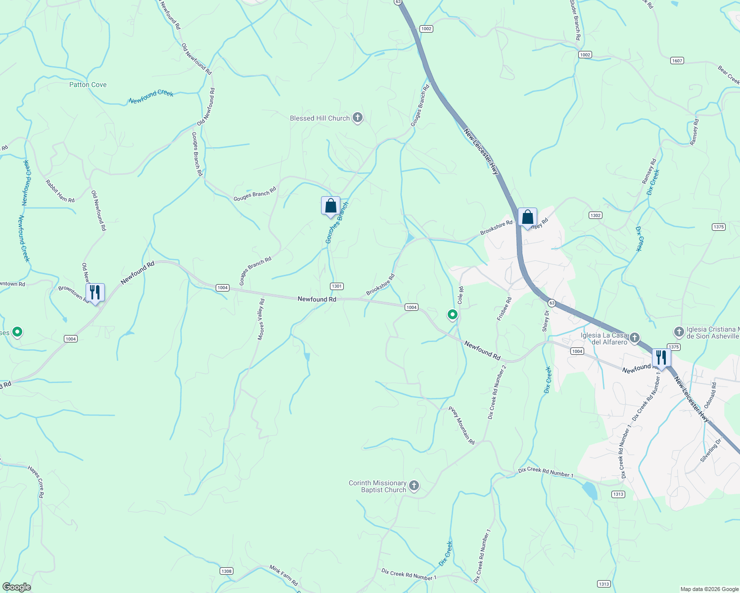 map of restaurants, bars, coffee shops, grocery stores, and more near 336 Newfound Road in Leicester