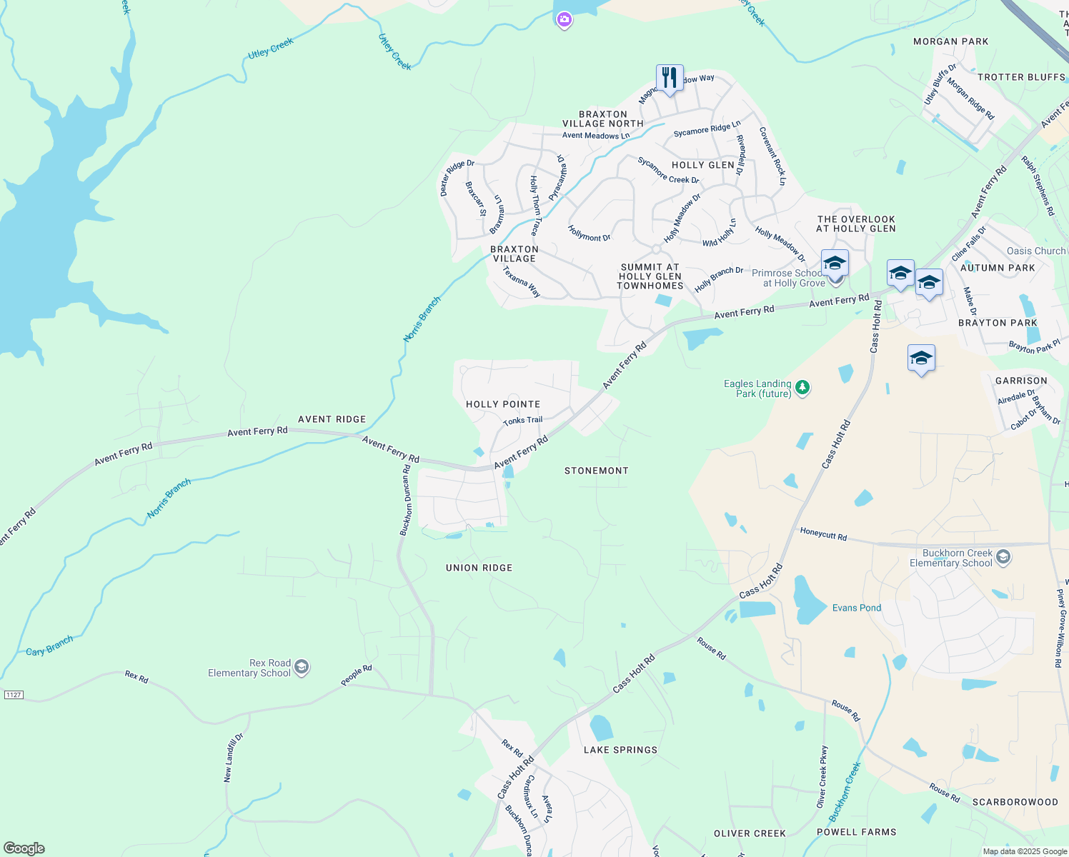 map of restaurants, bars, coffee shops, grocery stores, and more near 108 Diggory Drive in Holly Springs