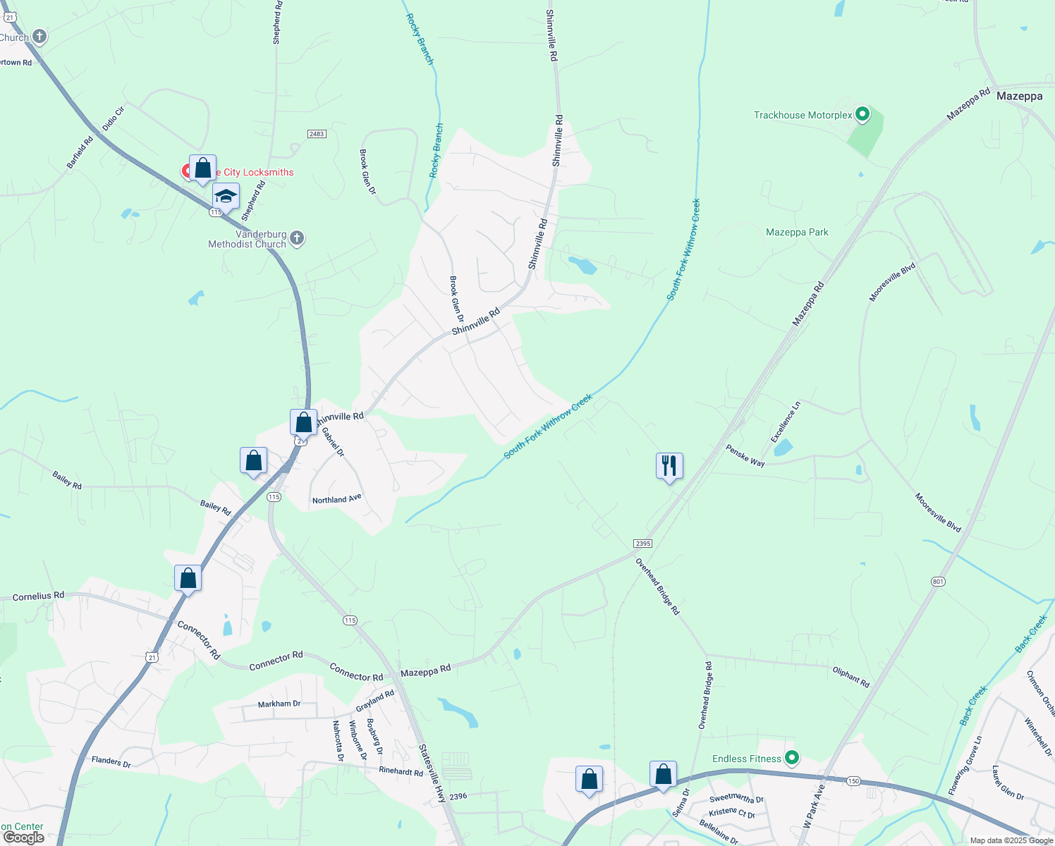 map of restaurants, bars, coffee shops, grocery stores, and more near 199 Pecan Hills Drive in Mooresville