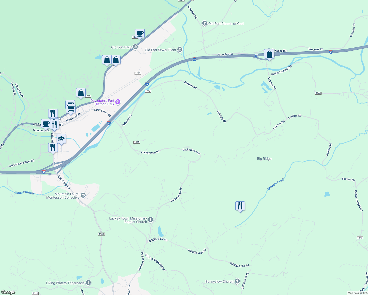 map of restaurants, bars, coffee shops, grocery stores, and more near 1286 Lackeytown Road in Old Fort