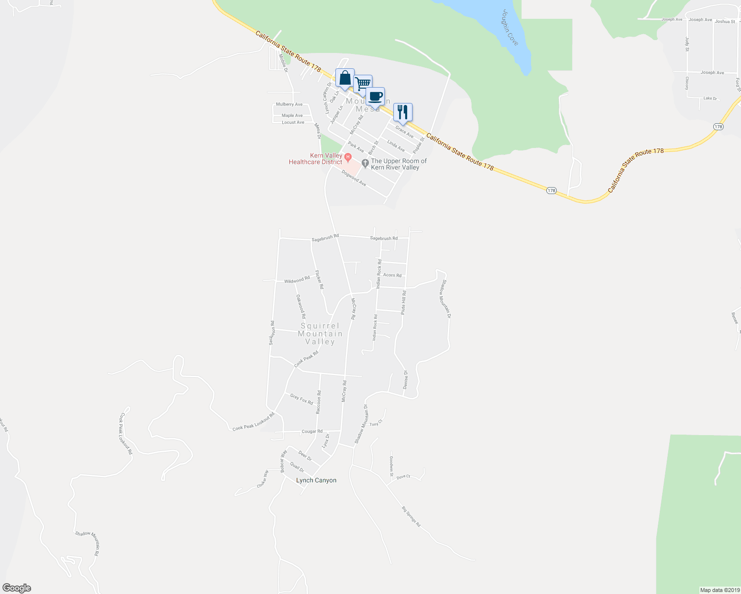 map of restaurants, bars, coffee shops, grocery stores, and more near 6505 Cook Peak Road in Lake Isabella