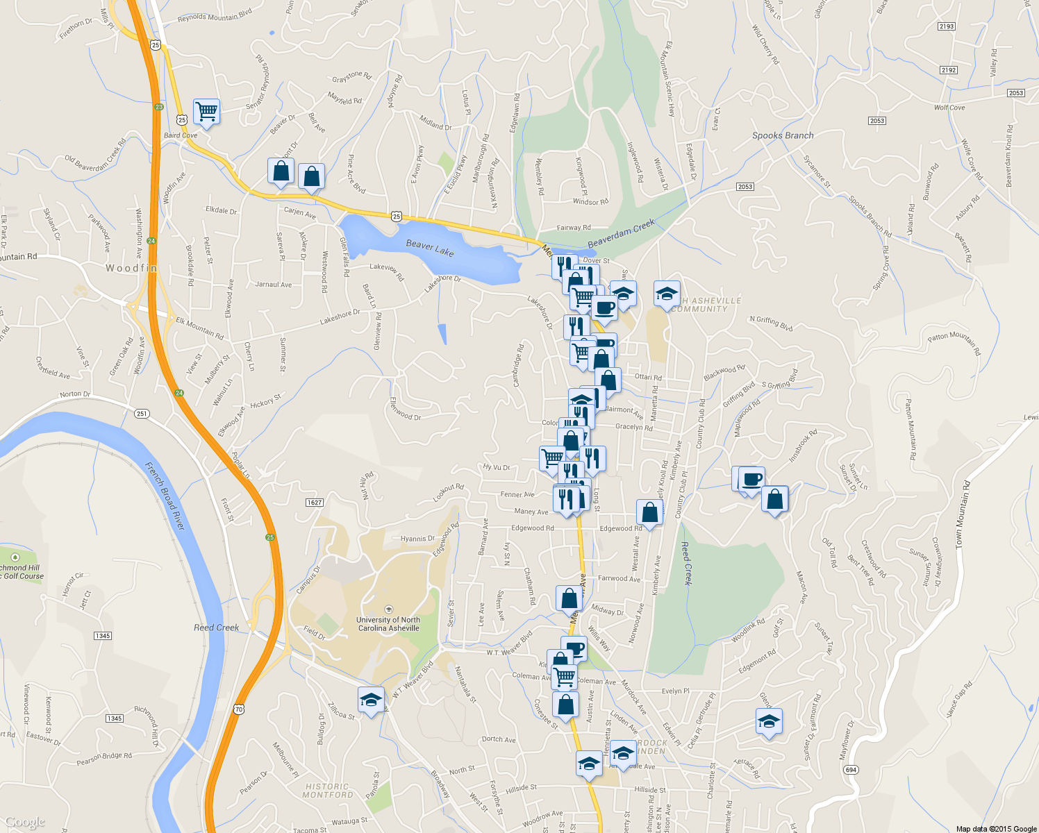 map of restaurants, bars, coffee shops, grocery stores, and more near 155 Cambridge Road in Asheville