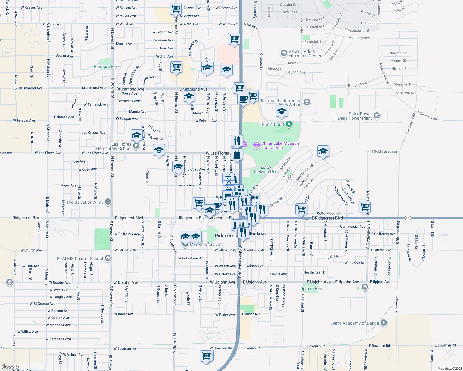 map of restaurants, bars, coffee shops, grocery stores, and more near Balsam Street in Ridgecrest
