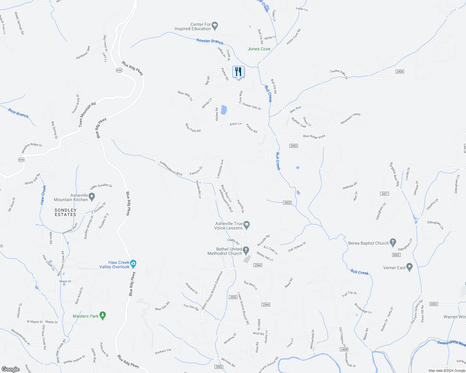 map of restaurants, bars, coffee shops, grocery stores, and more near Patriots Drive in Asheville