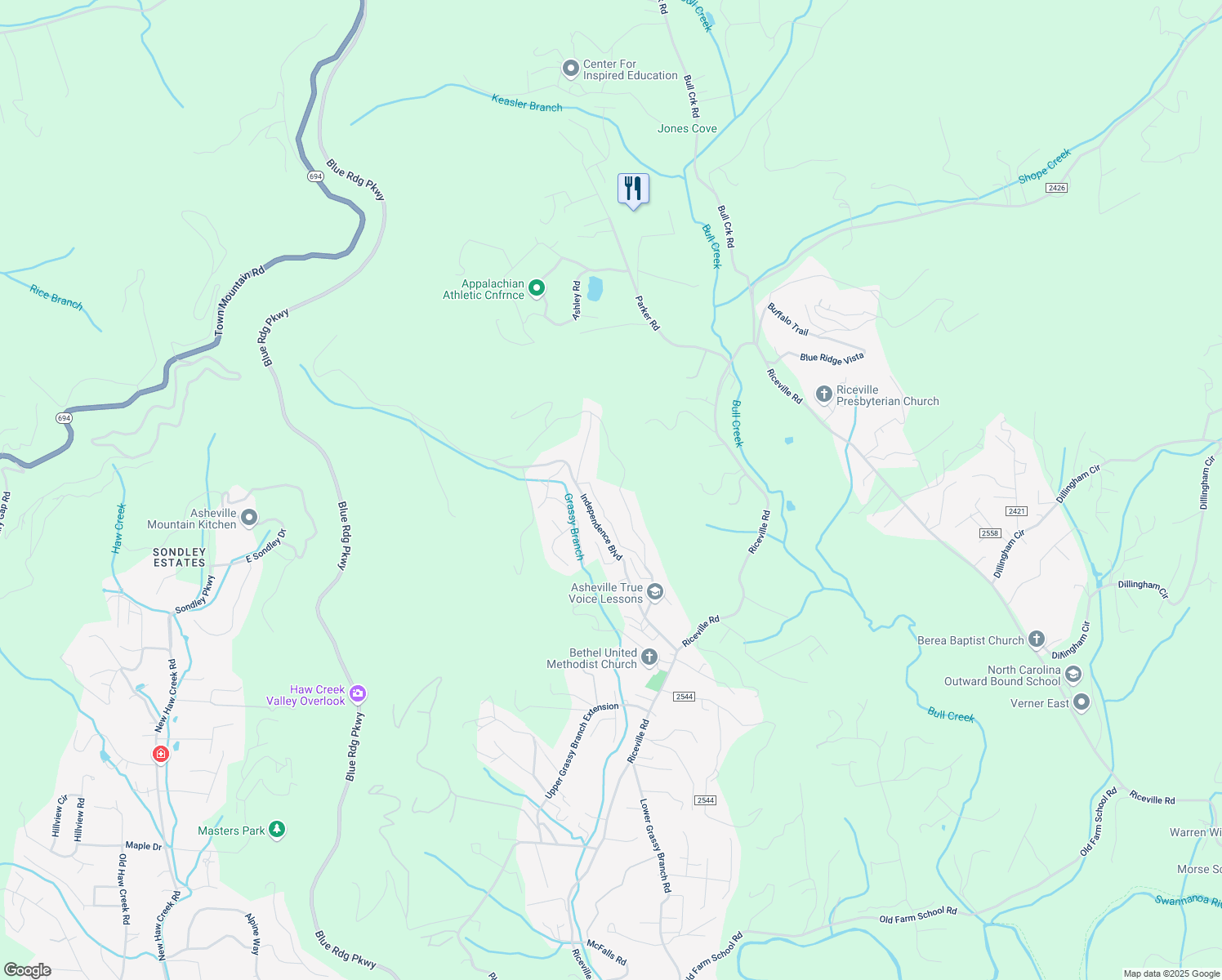 map of restaurants, bars, coffee shops, grocery stores, and more near 54 Patriots Drive in Asheville