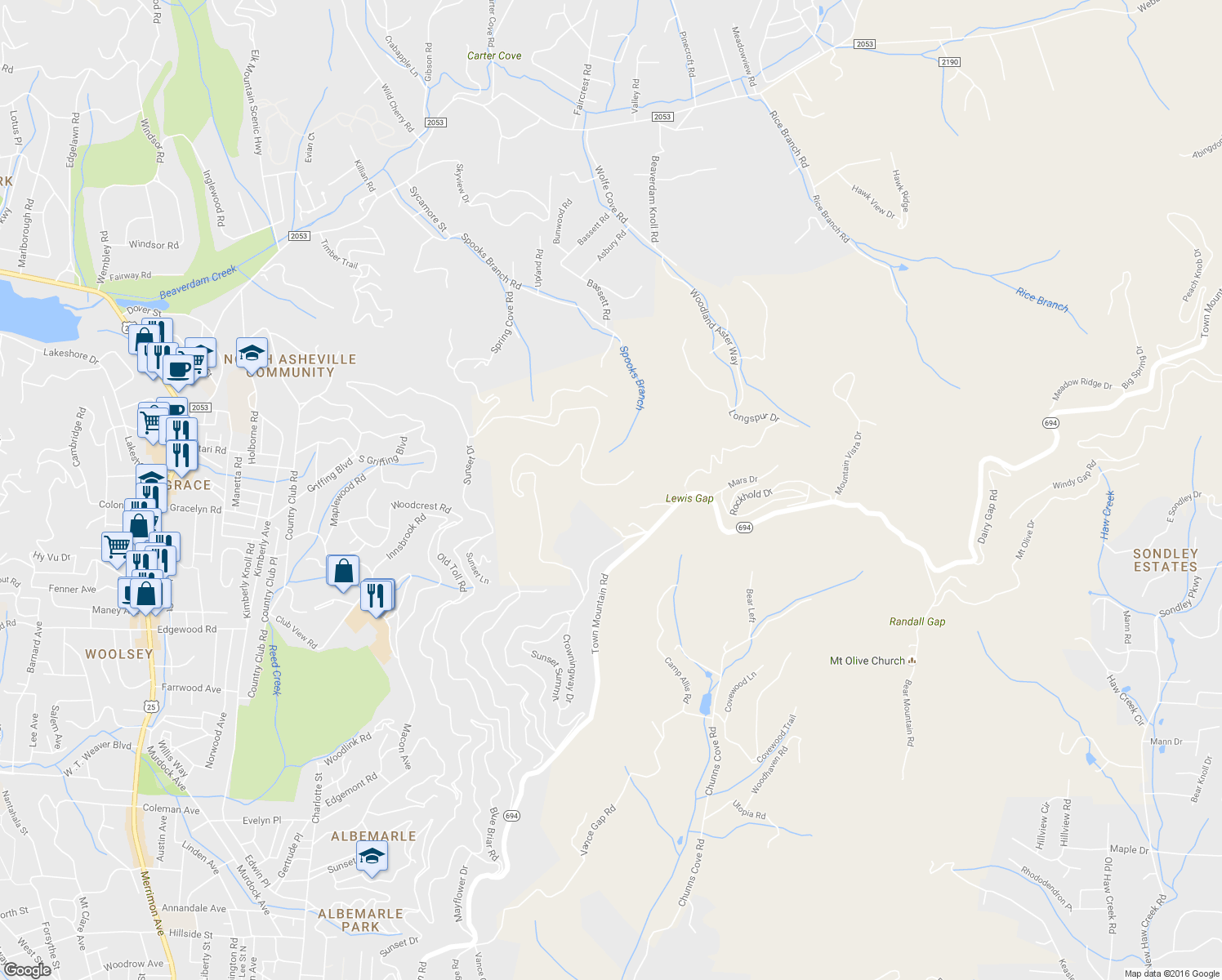 map of restaurants, bars, coffee shops, grocery stores, and more near 19 Mary wendy Road in Asheville