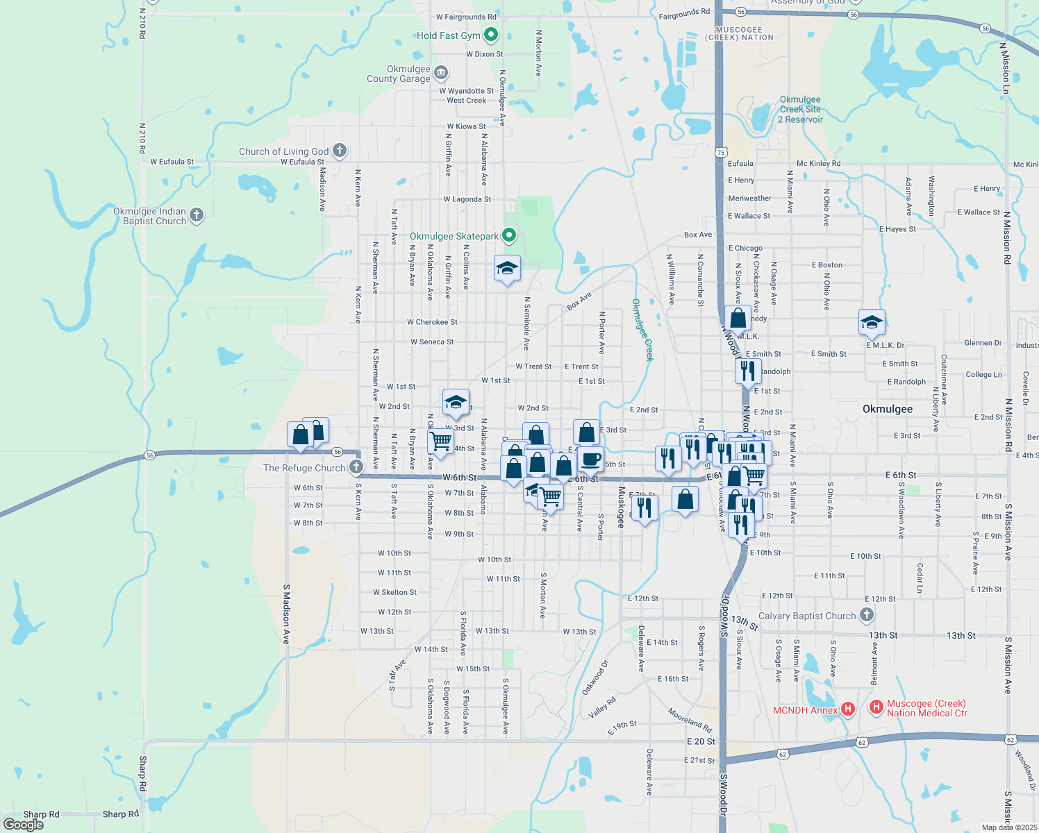 map of restaurants, bars, coffee shops, grocery stores, and more near 420 North Seminole Avenue in Okmulgee