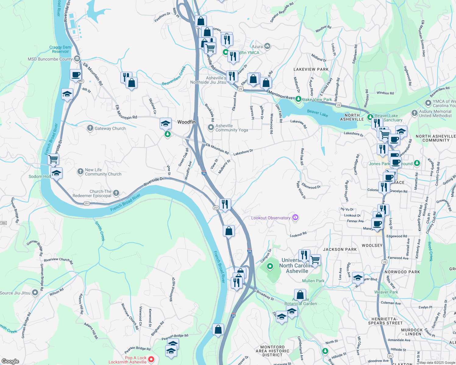 map of restaurants, bars, coffee shops, grocery stores, and more near 14 Norman Austin Dr in Asheville