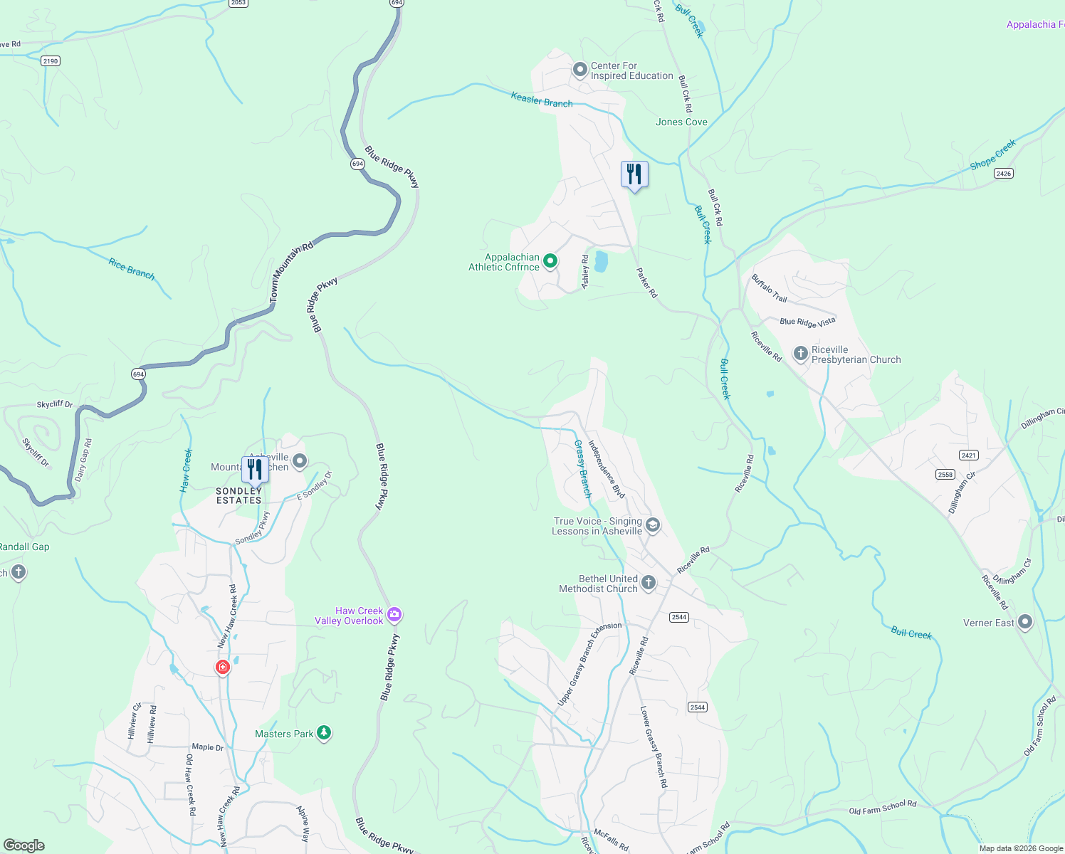 map of restaurants, bars, coffee shops, grocery stores, and more near 110 Rabbit Run in Asheville