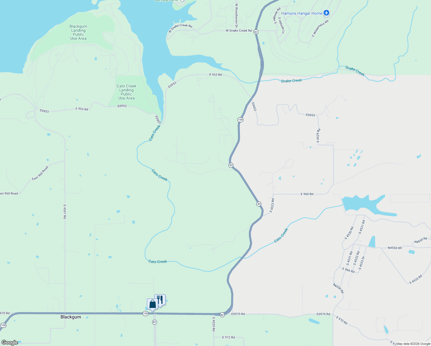 map of restaurants, bars, coffee shops, grocery stores, and more near E0958 Road in Cookson