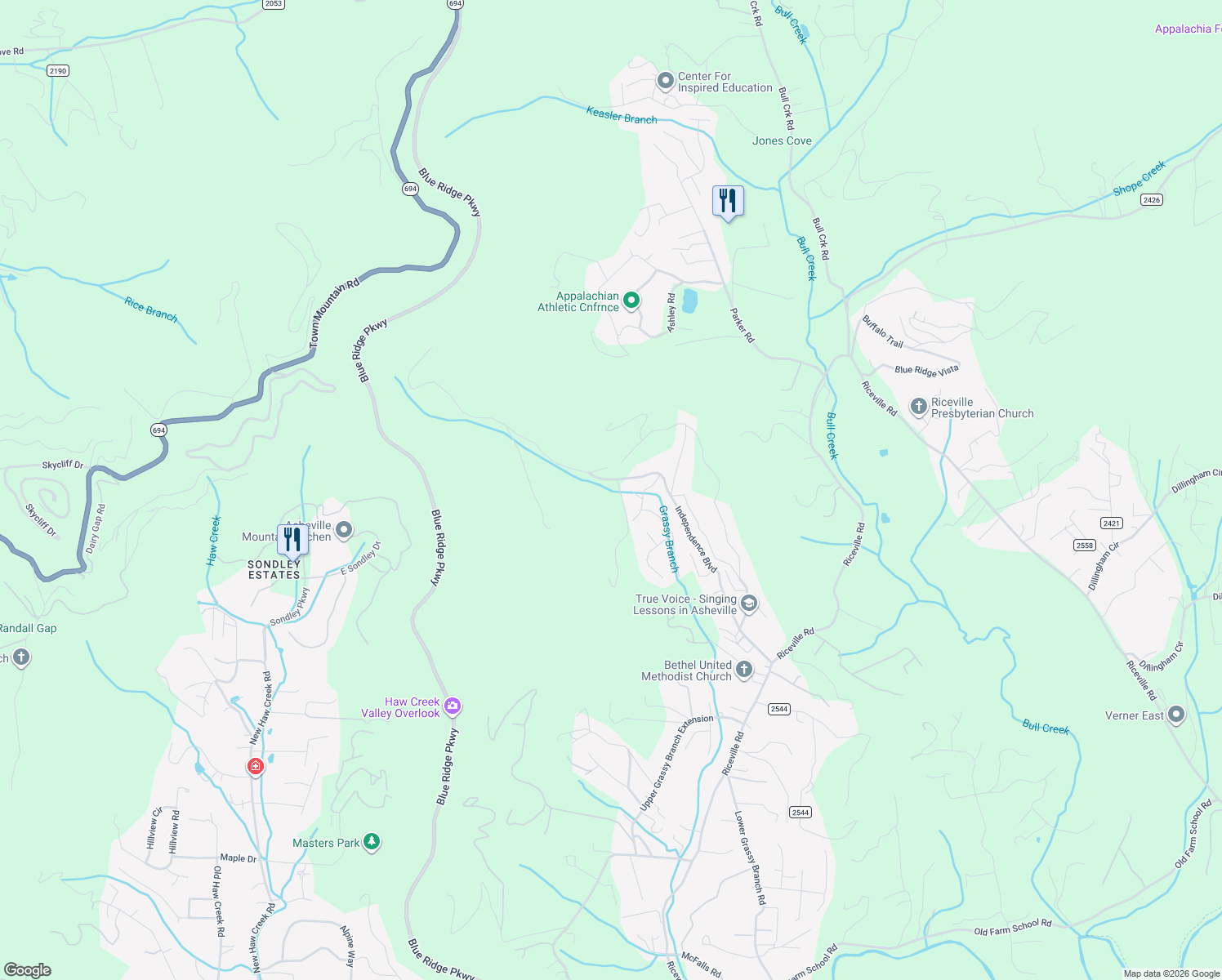 map of restaurants, bars, coffee shops, grocery stores, and more near 110 Rabbit Run in Asheville