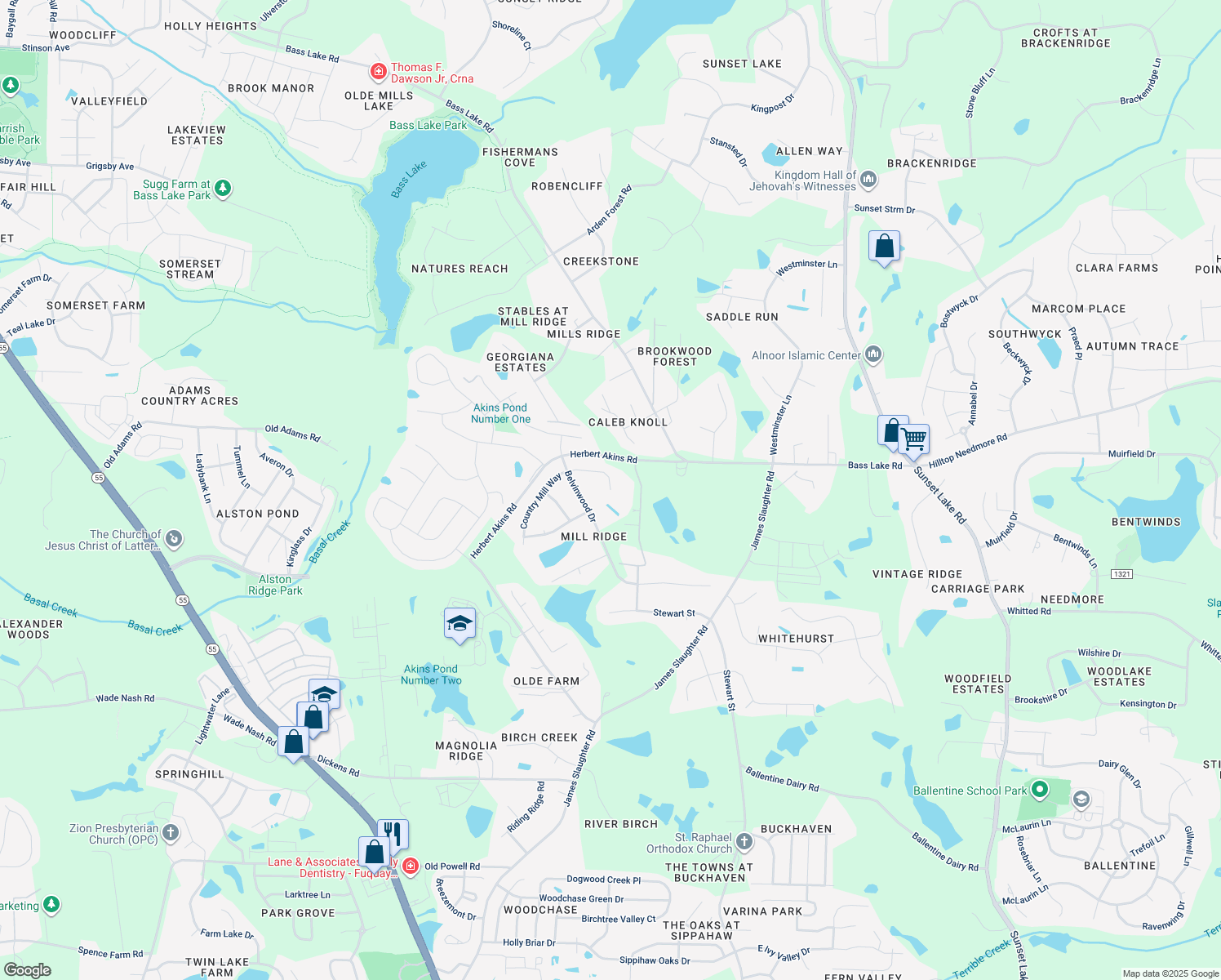 map of restaurants, bars, coffee shops, grocery stores, and more near 343 Country Mill Way in Fuquay Varina