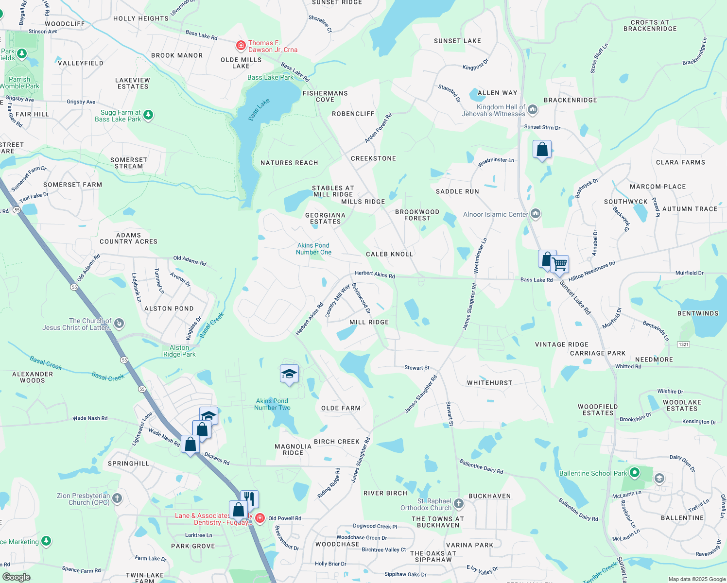 map of restaurants, bars, coffee shops, grocery stores, and more near 2530 Belvinwood Drive in Fuquay Varina