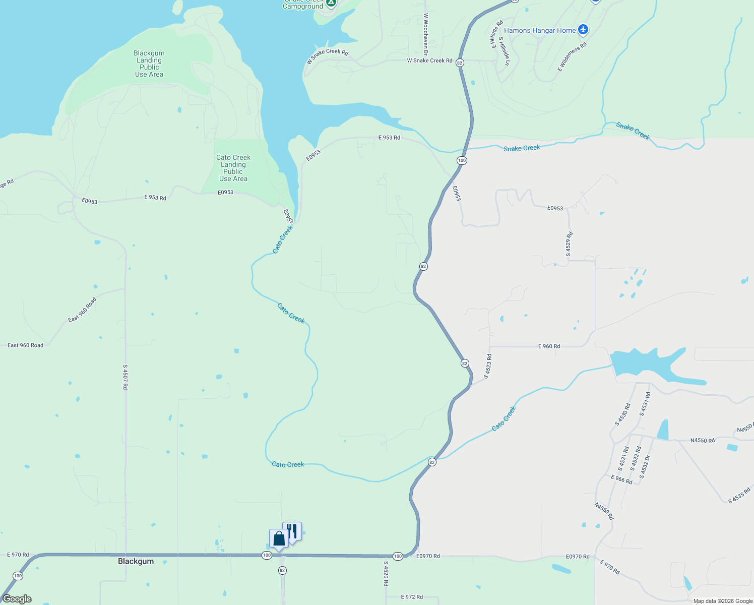 map of restaurants, bars, coffee shops, grocery stores, and more near E0958 Road in Cookson