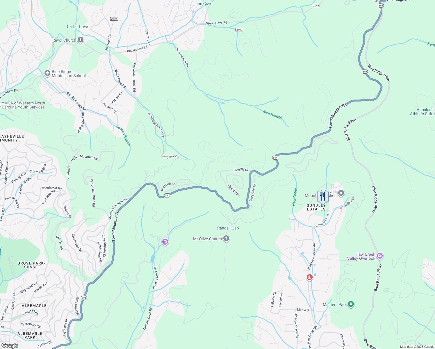 map of restaurants, bars, coffee shops, grocery stores, and more near 55 Skycliff Drive in Asheville