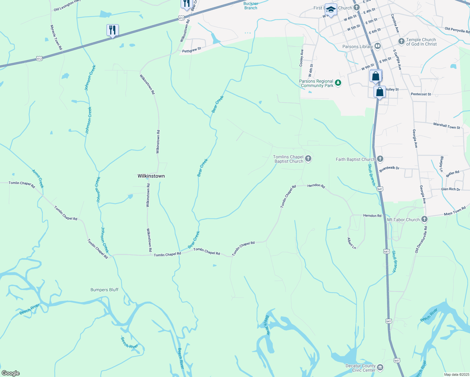 map of restaurants, bars, coffee shops, grocery stores, and more near 579 Albert Ivy Lane in Parsons