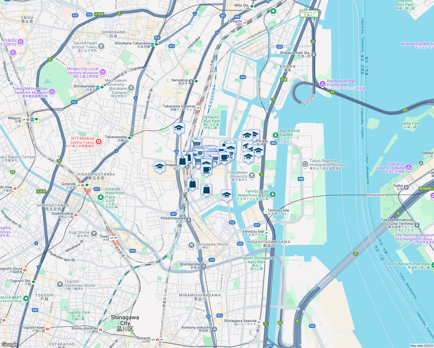 map of restaurants, bars, coffee shops, grocery stores, and more near in Minato City