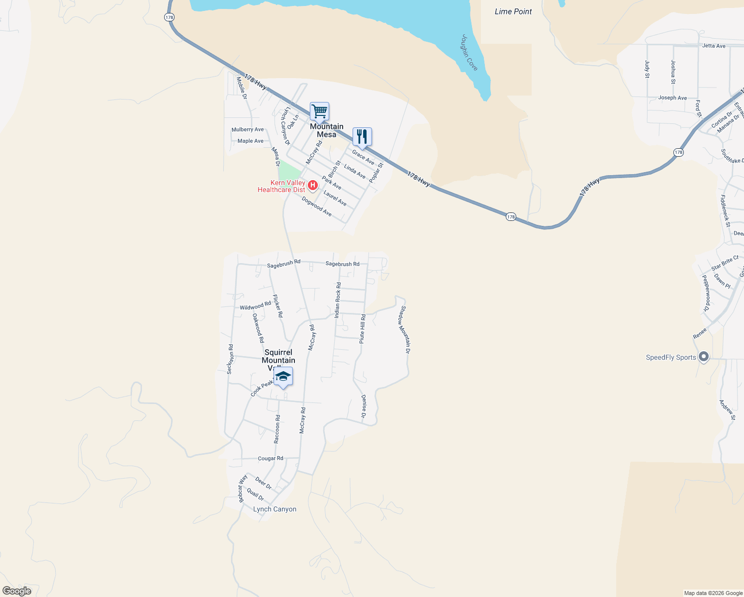 map of restaurants, bars, coffee shops, grocery stores, and more near 3712 Piute Hill Road in Lake Isabella