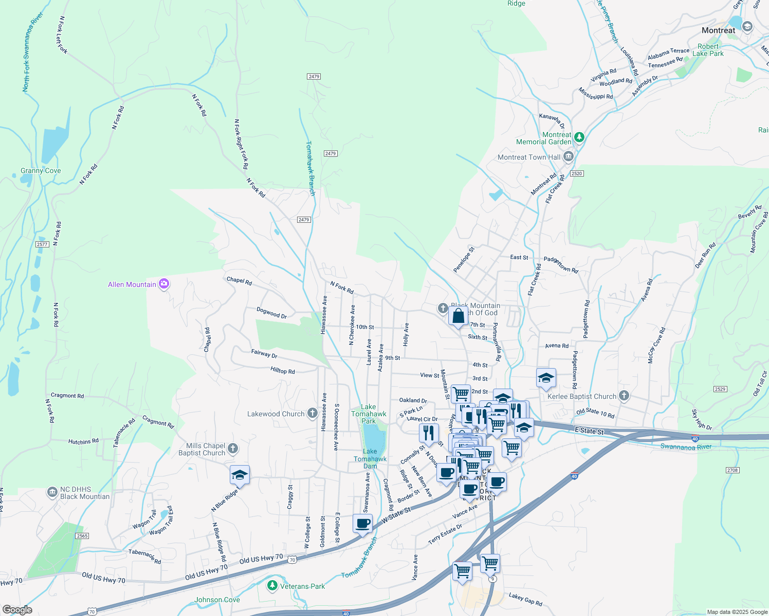 map of restaurants, bars, coffee shops, grocery stores, and more near 818 Azalea Avenue in Black Mountain