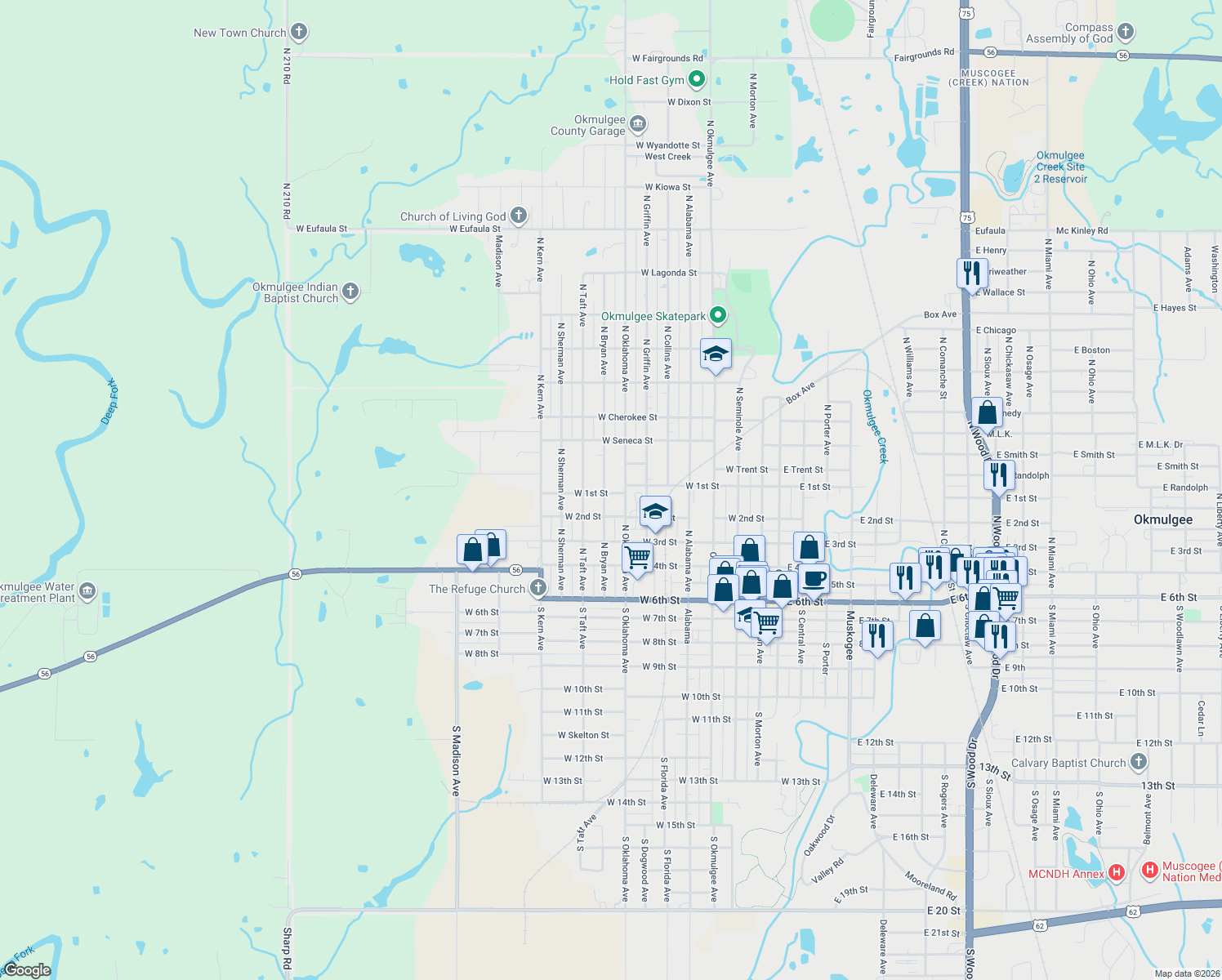 map of restaurants, bars, coffee shops, grocery stores, and more near 603 North Bryan Avenue in Okmulgee