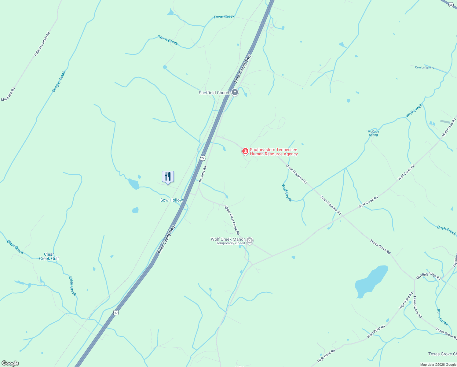map of restaurants, bars, coffee shops, grocery stores, and more near 36 Upper Clear Creek Road in Spring City