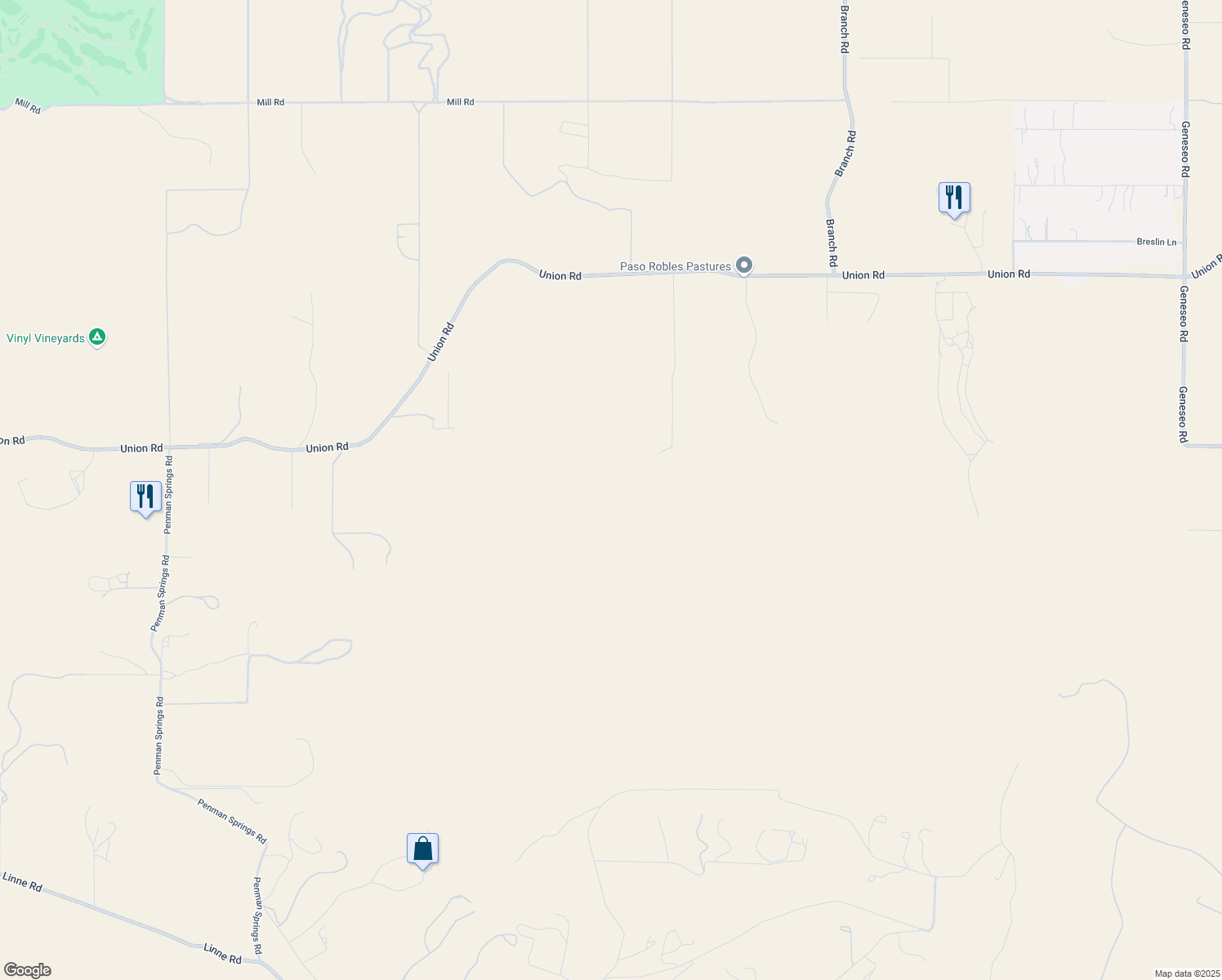map of restaurants, bars, coffee shops, grocery stores, and more near 1975 Hidden Acre Road in Paso Robles