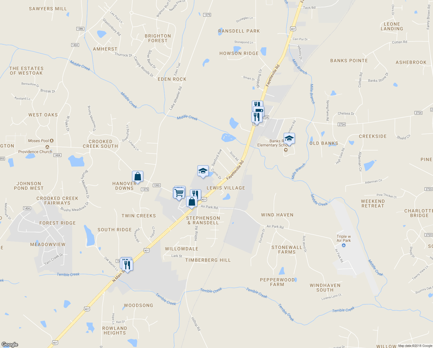 map of restaurants, bars, coffee shops, grocery stores, and more near 8513 Currin Drive in Fuquay Varina