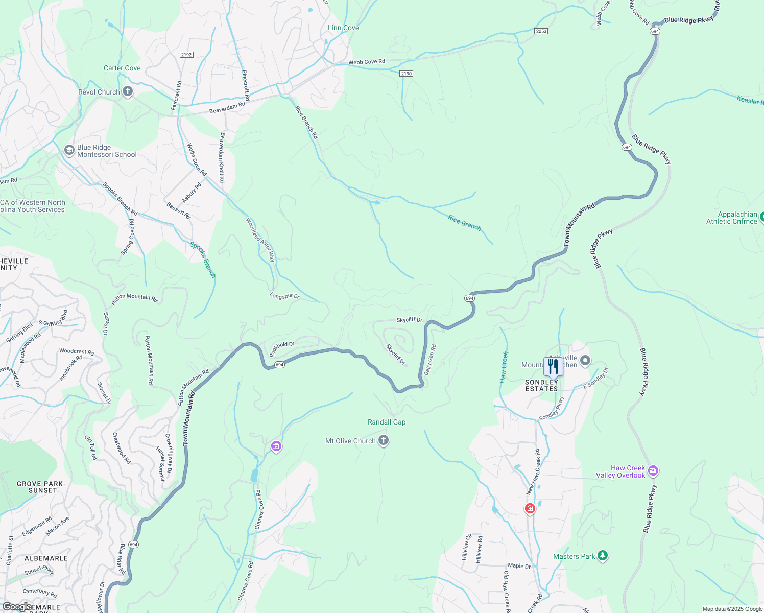map of restaurants, bars, coffee shops, grocery stores, and more near 55 Skycliff Drive in Asheville