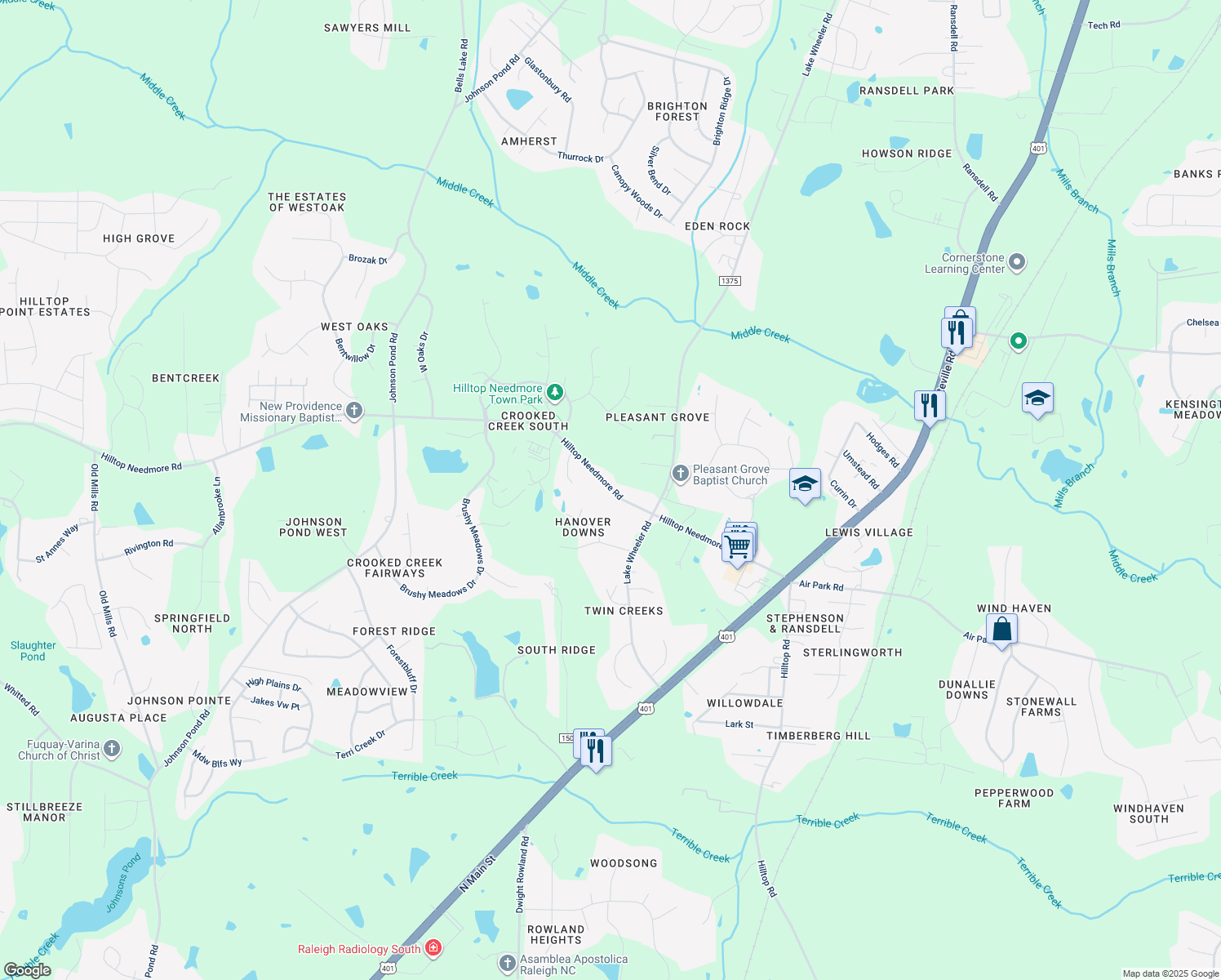 map of restaurants, bars, coffee shops, grocery stores, and more near 4231 Hilltop Needmore Road in Fuquay Varina