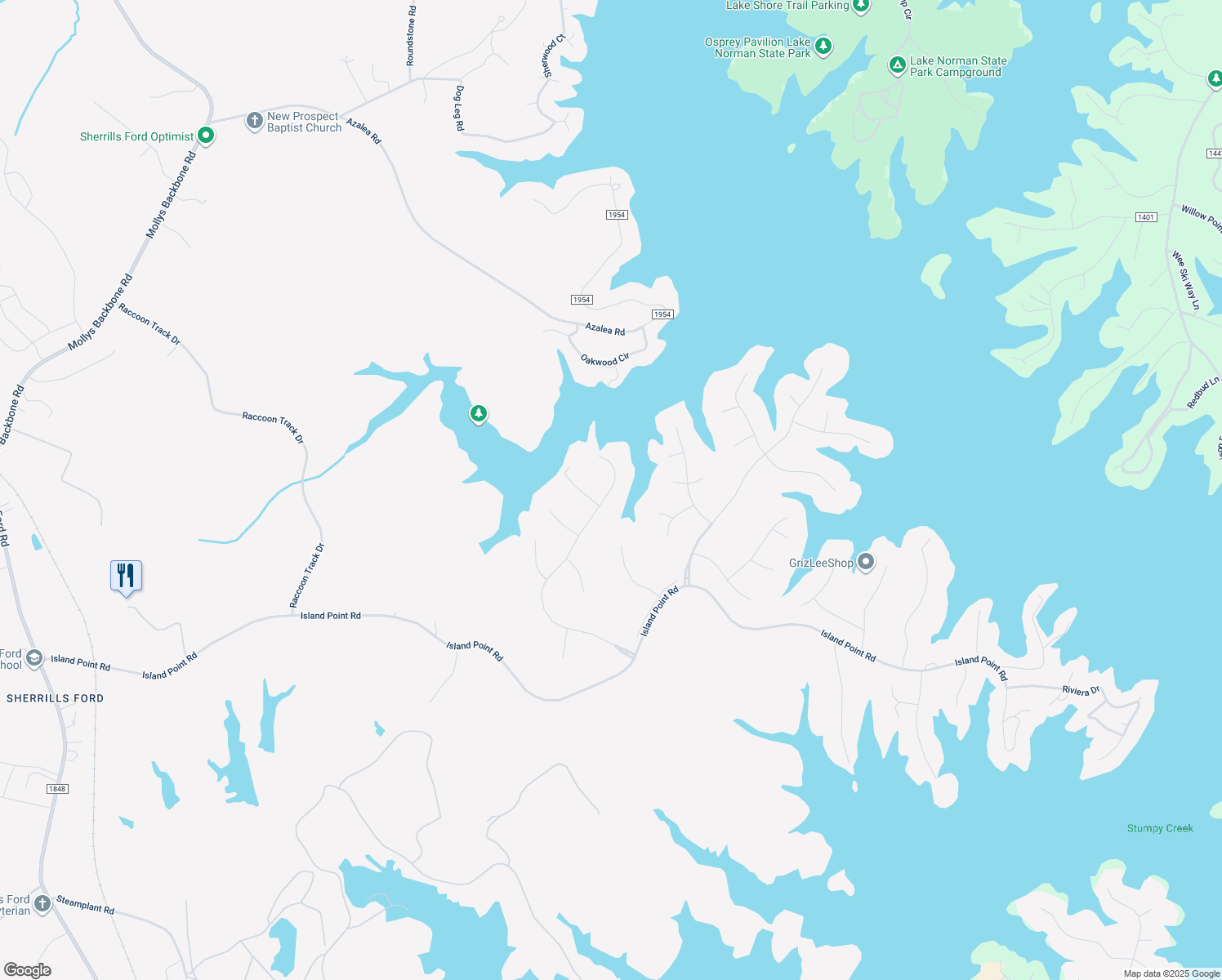 map of restaurants, bars, coffee shops, grocery stores, and more near 2164 Capes Cove Dr in Sherrills Ford